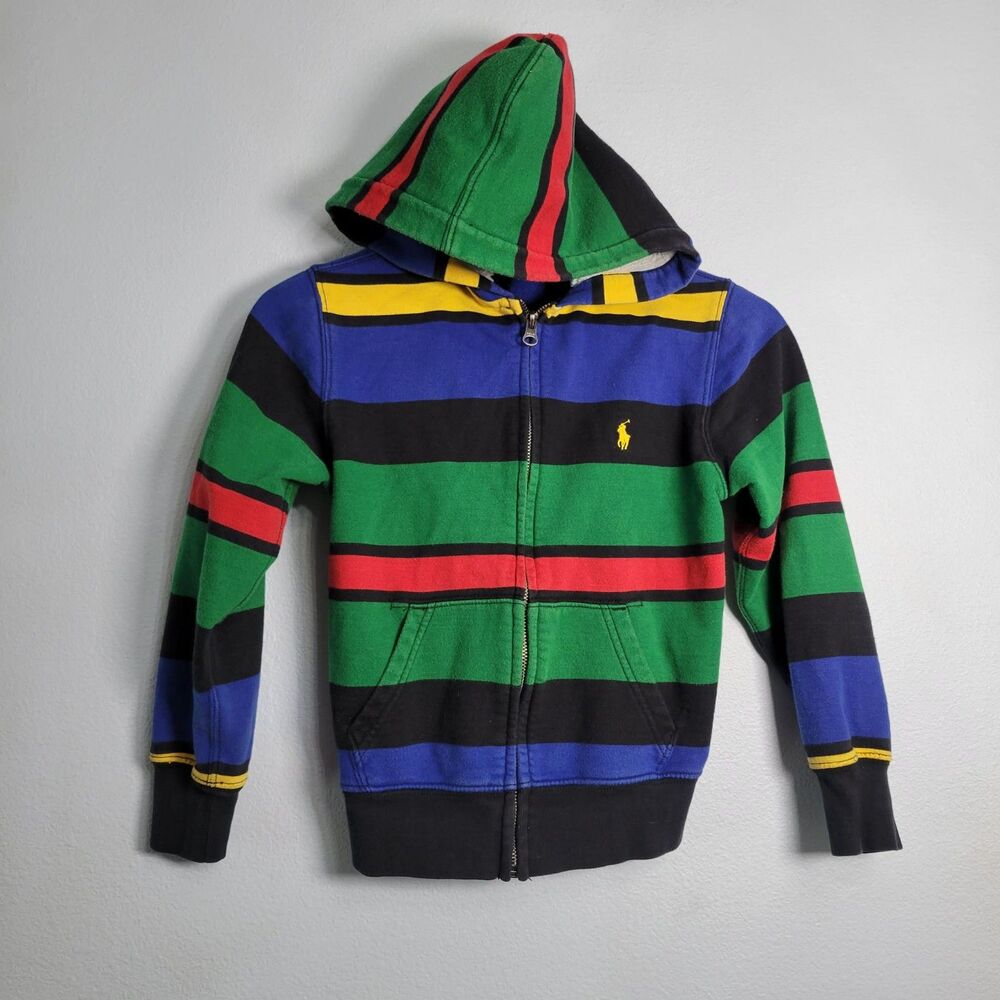 Polo Ralph Lauren Boys Hoodie Sz 8 Striped Full Zip Yellow Pony Preppy Kidcore